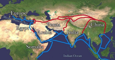 An ancient trade route that was for centuries central to cultural interaction through regions of the Asian continent connecting the East and West.