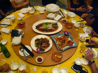 What do you call a turntable (rotating tray) placed on a table or countertop to aid in moving food at Chinese restaurants?